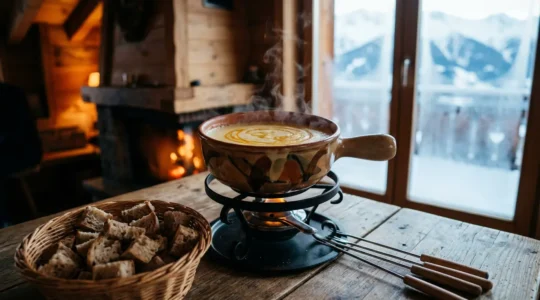 Caquelon de fondue savoyarde fumant sur réchaud traditionnel avec ambiance montagnarde