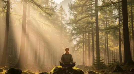 Personne méditant dans une forêt de mélèzes en montagne, entourée de lumière douce filtrant à travers les branches