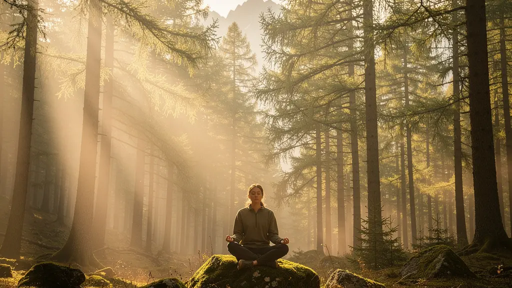 Personne méditant dans une forêt de mélèzes en montagne, entourée de lumière douce filtrant à travers les branches