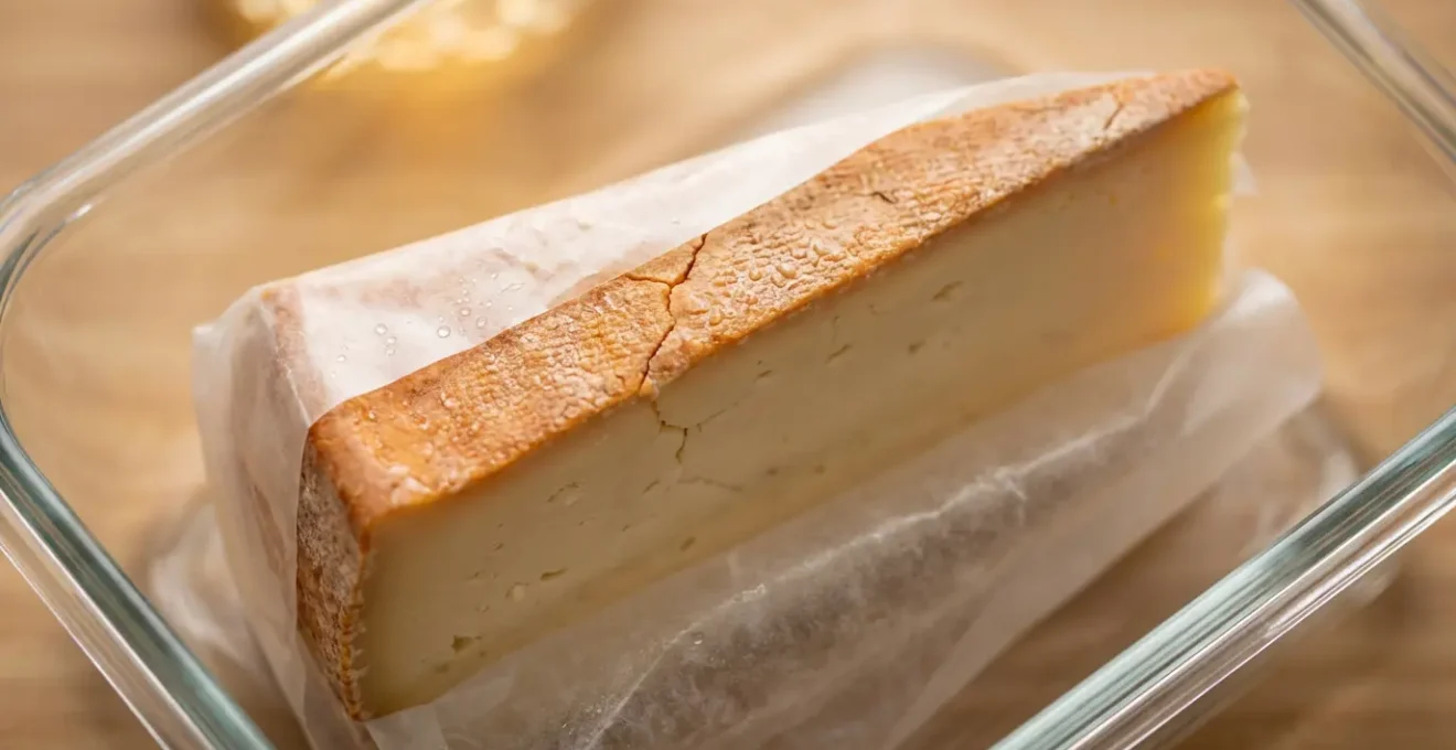 Gros plan sur un fromage Abondance dans une boîte de conservation avec papier paraffiné