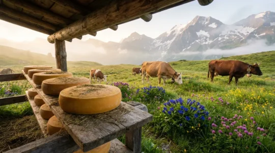 Vaches paissant dans un alpage fleuri de montagne avec des meules de fromage au premier plan