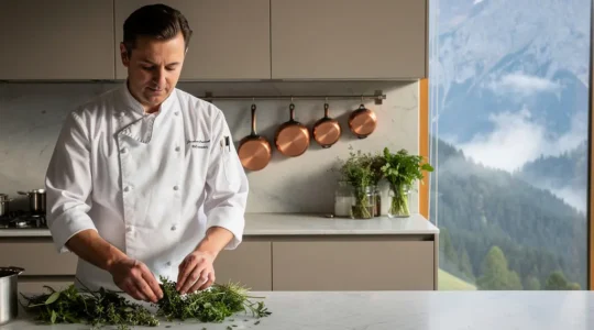 Chef de montagne préparant délicatement des herbes sauvages dans une cuisine contemporaine avec vue sur les sommets alpins