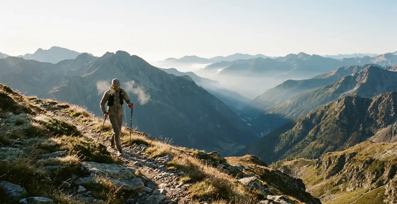 Traileur en altitude gérant l'effort dans un paysage montagnard alpin