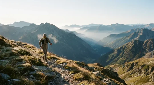 Traileur en altitude gérant l'effort dans un paysage montagnard alpin