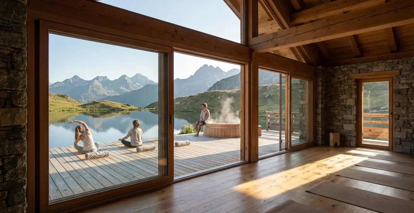 Gîte de montagne avec espaces de récupération pour sportifs incluant terrasse, salle commune et vue sur lac alpin