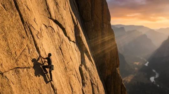 Grimpeur équipé d'un baudrier et d'un casque évoluant sur une paroi rocheuse naturelle en montagne avec la vallée en arrière-plan