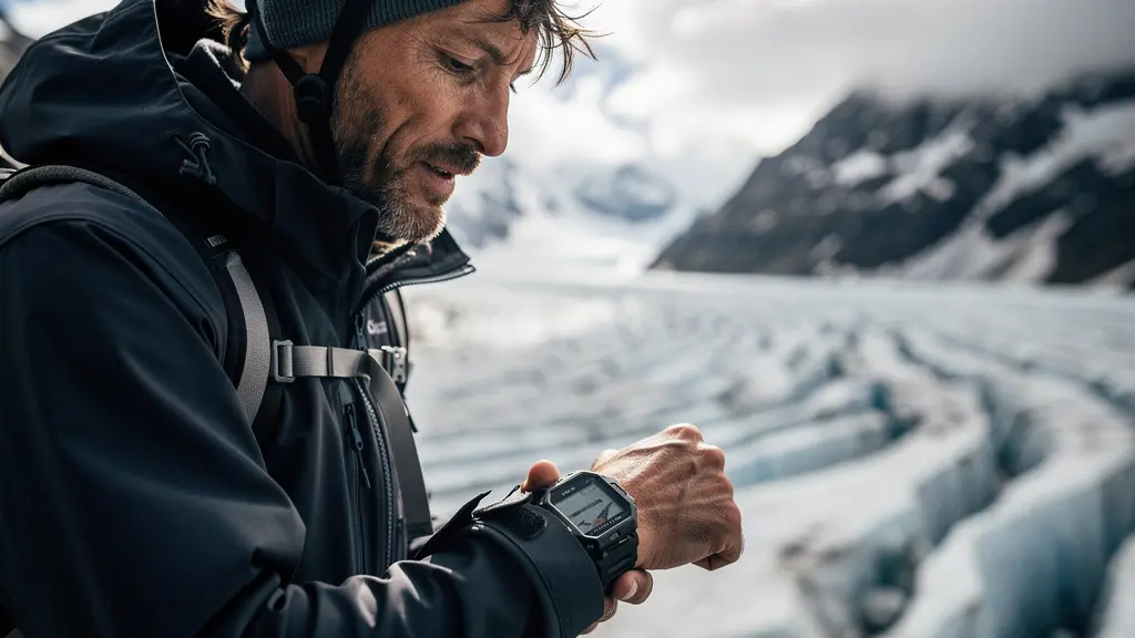 Guide de haute montagne analysant la topographie d'un glacier avec une montre GPS moderne à son poignet