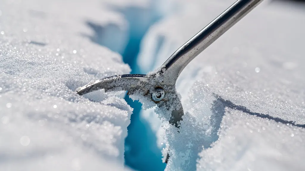Guide de haute montagne examinant une crevasse cachée sous la neige sur un glacier