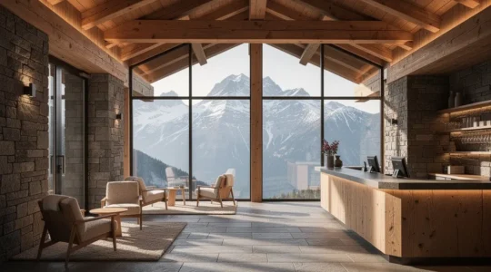 Intérieur d'un hall d'hôtel alpin authentique avec architecture en bois massif et pierre naturelle, lumière naturelle traversant de grandes baies vitrées