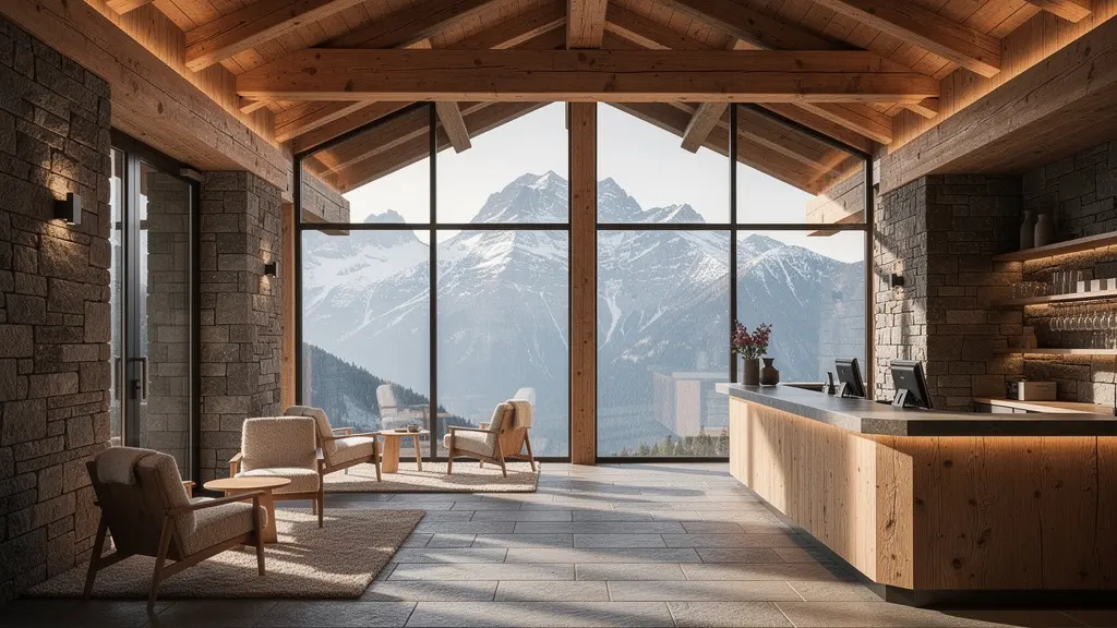 Intérieur d'un hall d'hôtel alpin authentique avec architecture en bois massif et pierre naturelle, lumière naturelle traversant de grandes baies vitrées