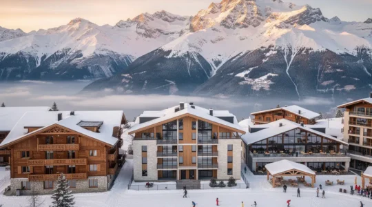 Comparaison visuelle de différents types d'hébergements touristiques en montagne avec hôtel, résidence et club de vacances