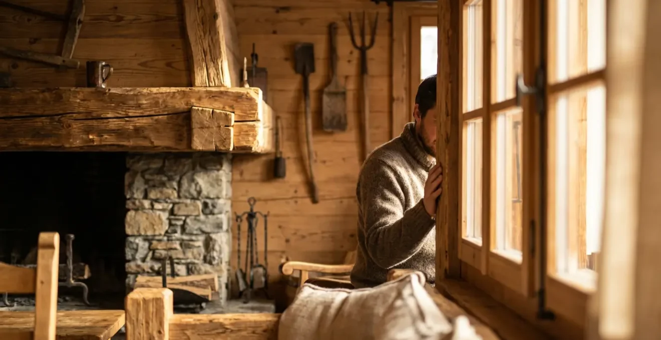 Intérieur de chalet montrant l'équilibre entre authenticité et modernité avec matériaux naturels