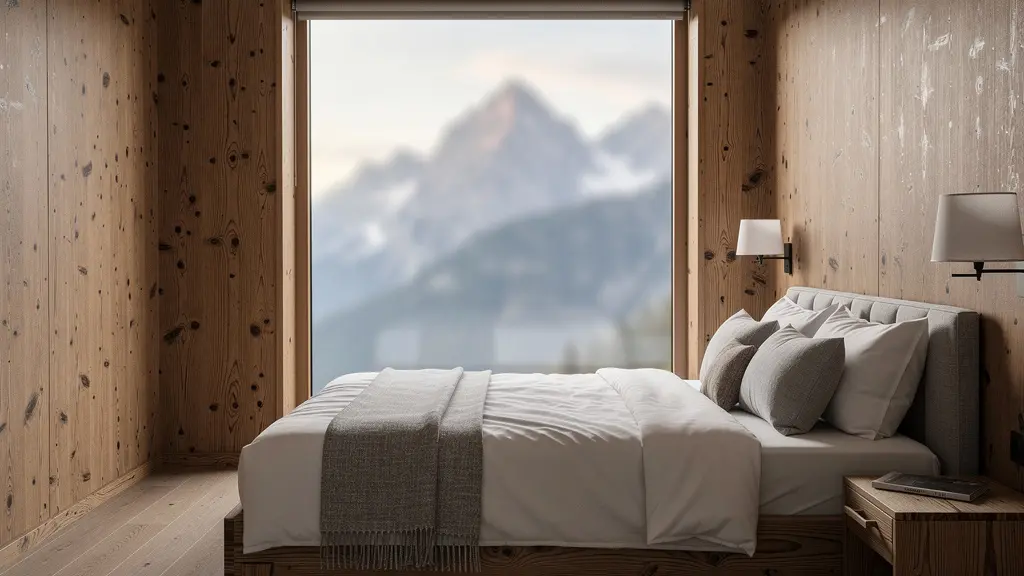 Vue minimaliste d'une chambre d'hôtel alpin avec murs en bois brut et mobilier artisanal