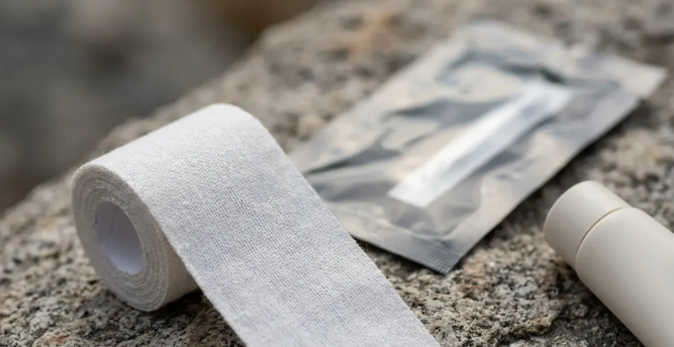 Gros plan macro sur du matériel de prévention des ampoules disposé sur une surface naturelle