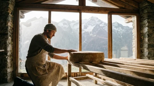 Vue d'un fromager artisan dans une vallée alpine examinant une meule de fromage AOP avec le paysage montagnard en arrière-plan