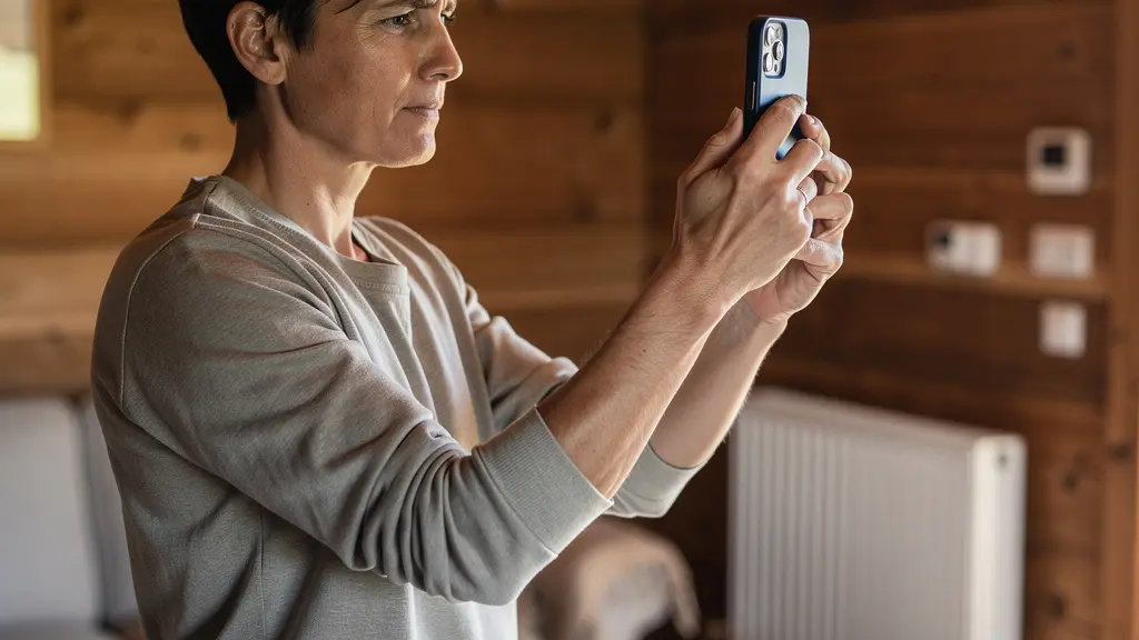 Locataire filmant méthodiquement l'intérieur d'un chalet avec son smartphone