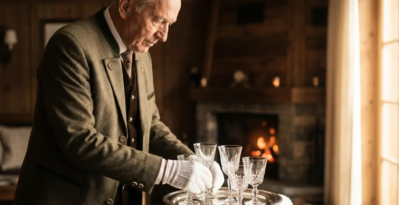 Majordome préparant un service raffiné dans un chalet de luxe alpin