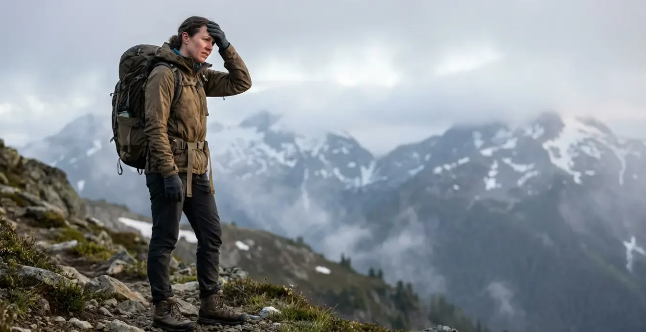 Randonneur en montagne face aux effets de l'hypoxie d'altitude avec symptômes visibles
