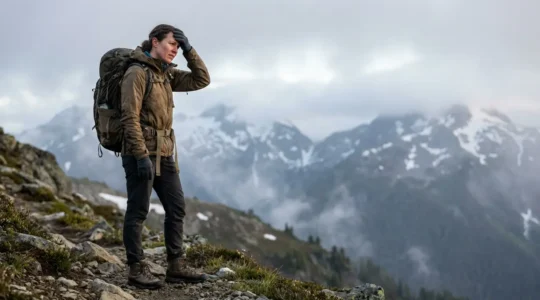 Randonneur en montagne face aux effets de l'hypoxie d'altitude avec symptômes visibles