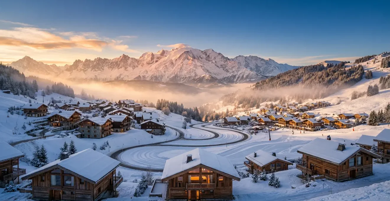 Vue aérienne des stations de luxe Megève et Courchevel avec le Mont-Blanc en arrière-plan