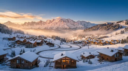 Vue aérienne des stations de luxe Megève et Courchevel avec le Mont-Blanc en arrière-plan