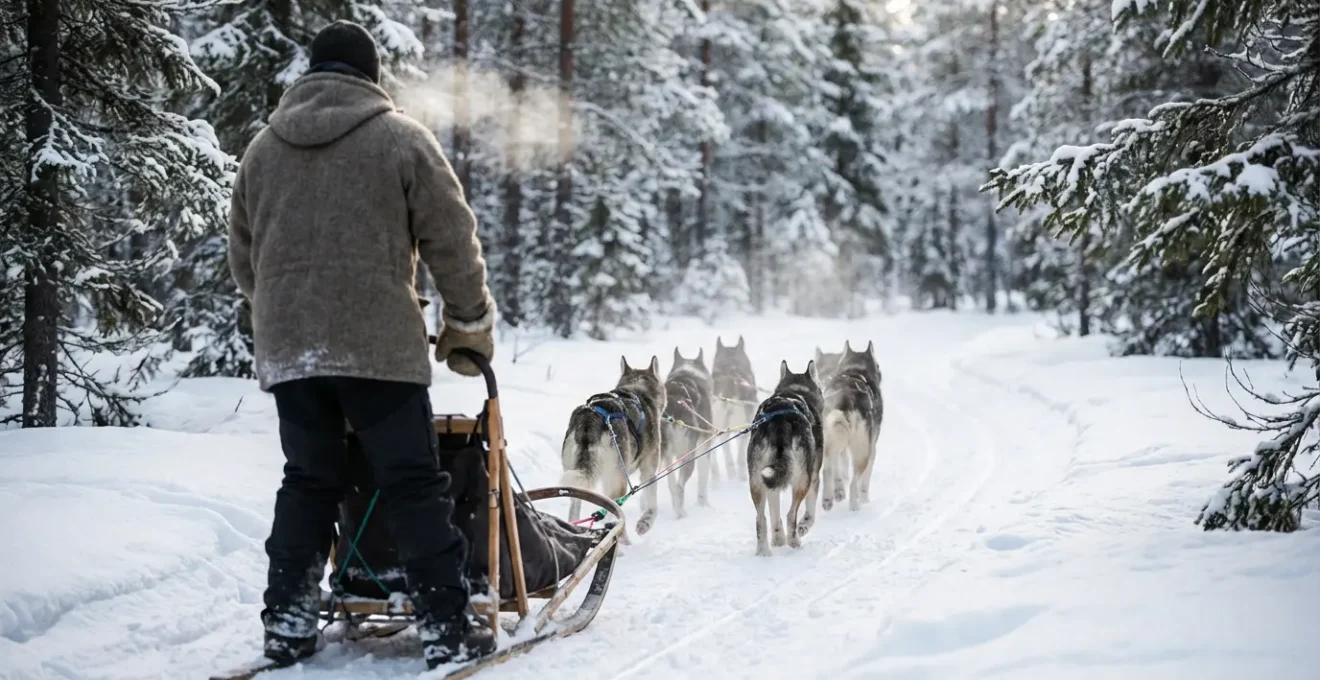 Vue arrière d'un musher dirigeant son attelage de chiens huskies dans la forêt enneigée
