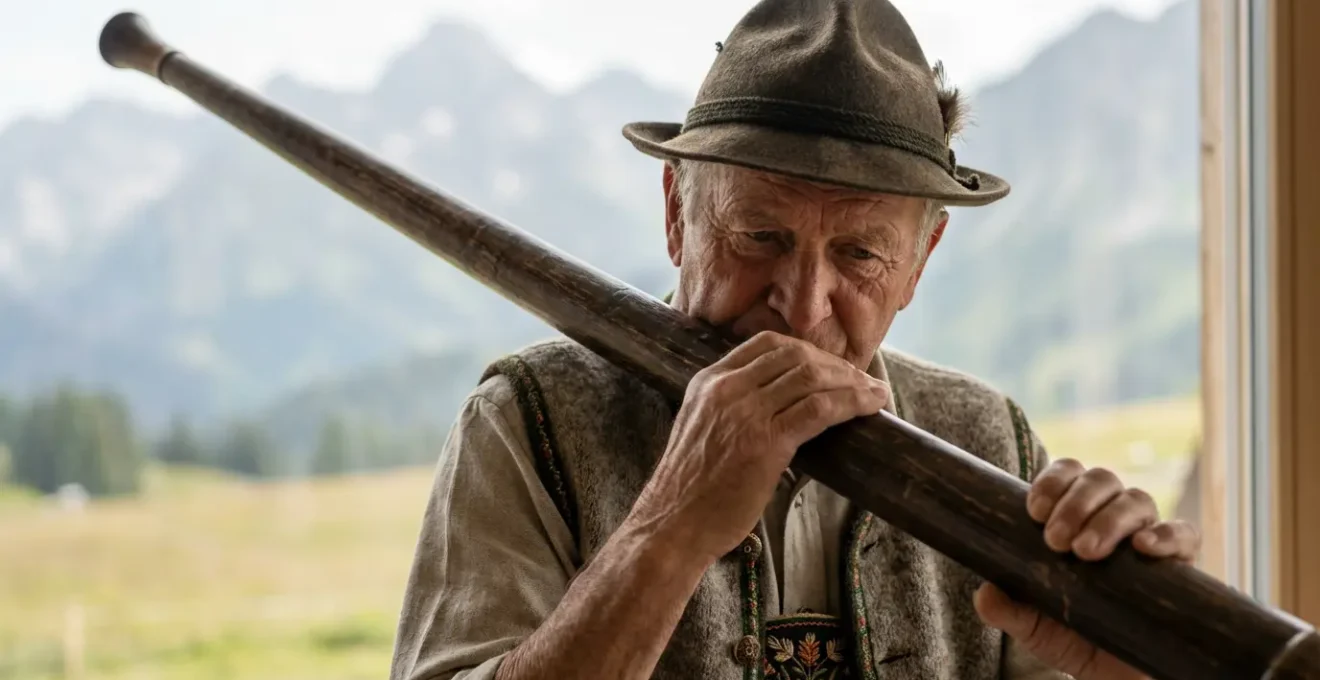 Joueur de cor des Alpes en costume traditionnel face aux sommets alpins
