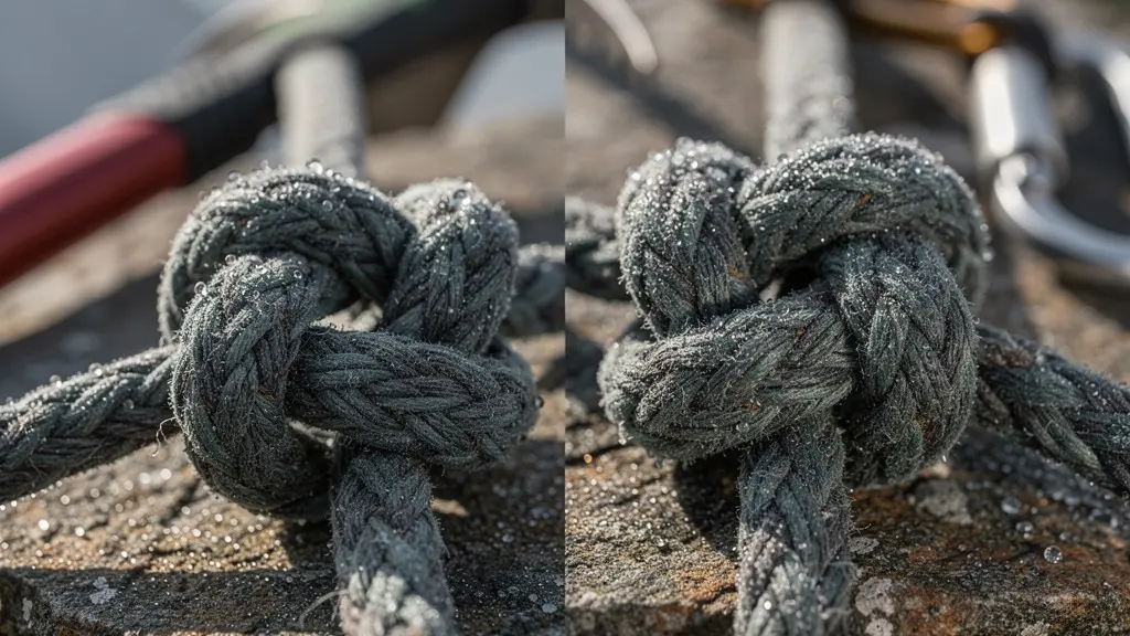 Comparaison visuelle entre nœud de huit et nœud de chaise sur corde d'alpinisme