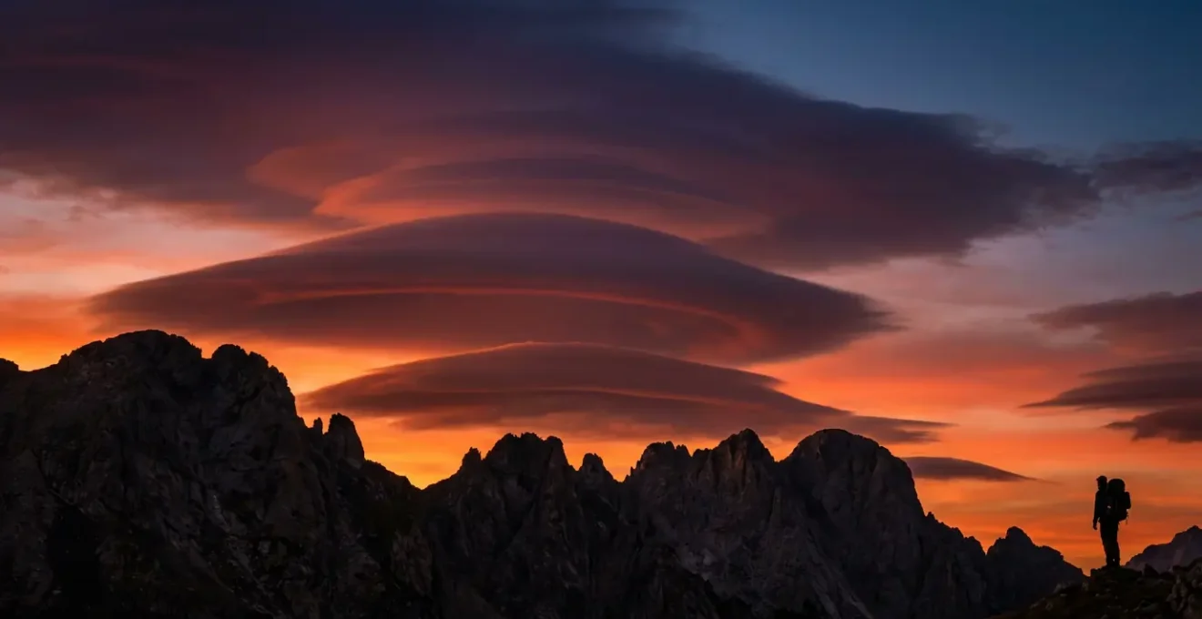 Formation de nuages lenticulaires au-dessus d'une crête montagneuse au coucher du soleil