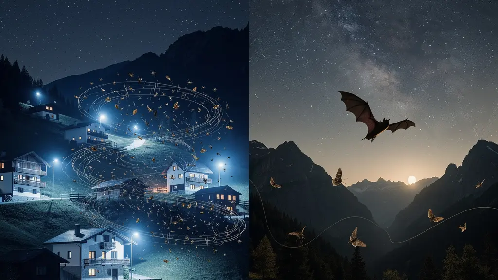 Paysage nocturne de montagne avec contraste entre zone éclairée et zone naturellement sombre