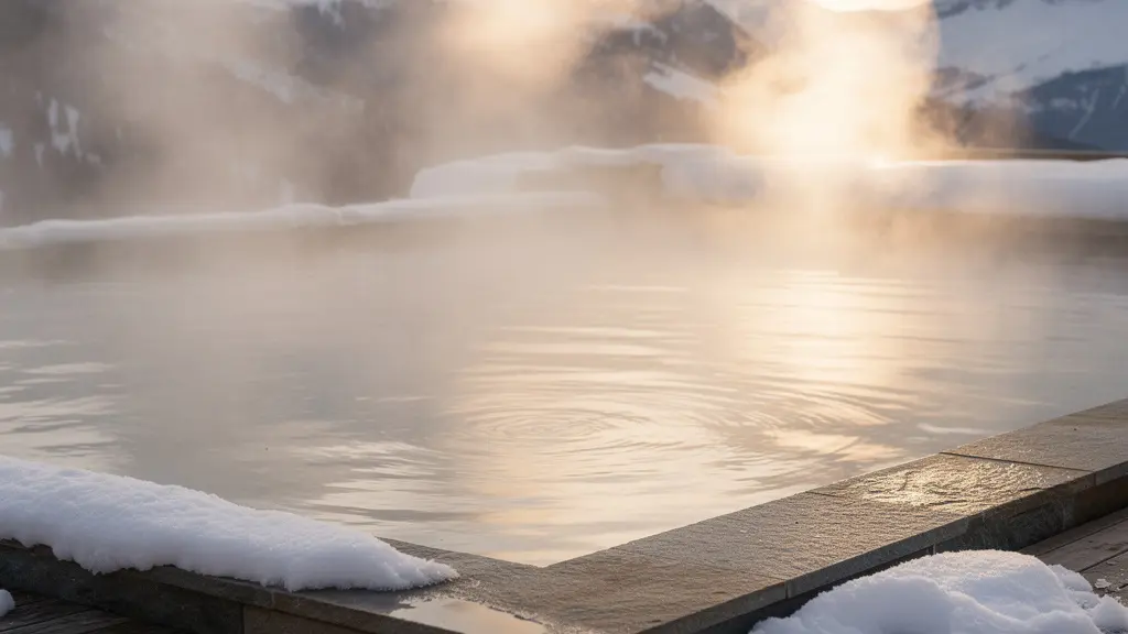 Piscine extérieure fumante en montagne avec vapeur dense s'élevant dans l'air froid