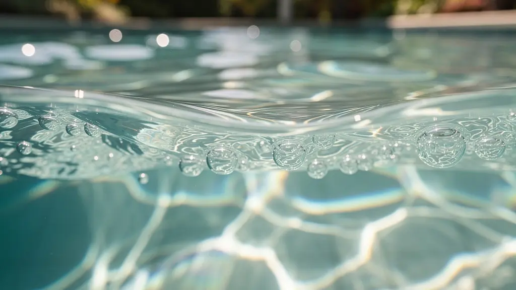 Vue macro de l'eau cristalline d'une piscine avec reflets lumineux suggérant le calme matinal