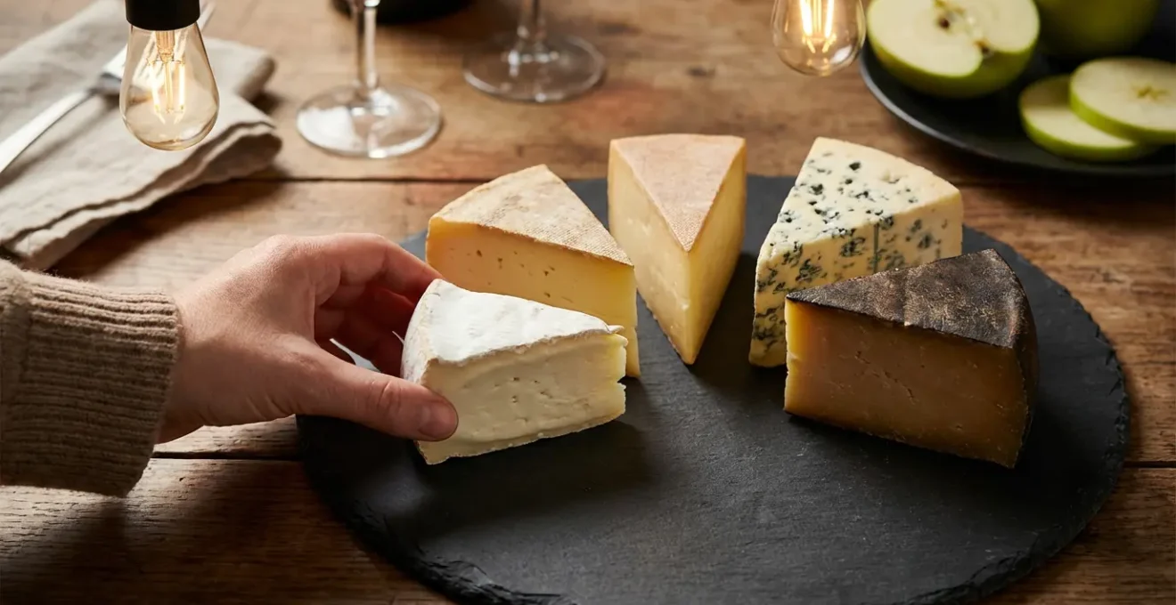 Plateau de fromages de montagne disposés en crescendo de dégustation sur ardoise noire