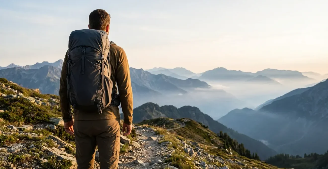 Randonneur de dos avec sac à dos ultraléger dans un paysage de montagne au lever du soleil