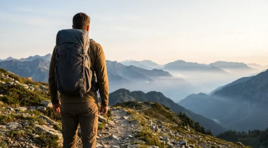 Randonneur de dos avec sac à dos ultraléger dans un paysage de montagne au lever du soleil