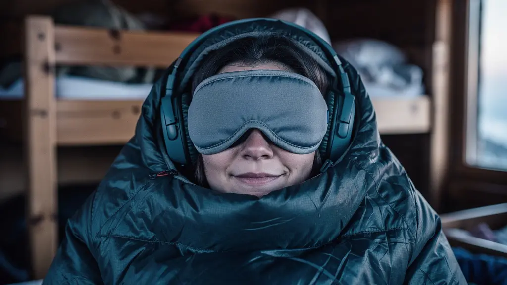 Randonneur avec casque antibruit et masque de sommeil dans un dortoir de refuge