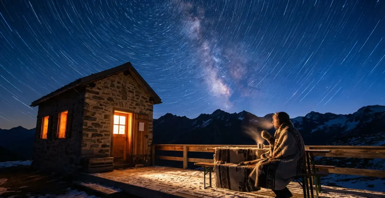 Refuge de montagne éclairé dans la nuit avec ciel étoilé, suggérant le repos et la récupération en altitude