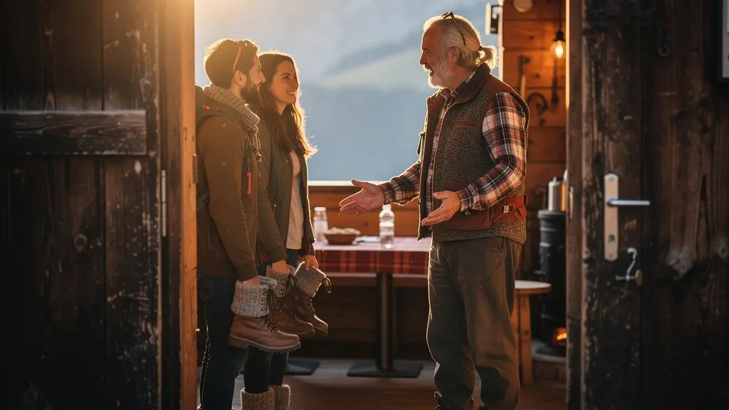 Entrée chaleureuse d'un refuge de montagne avec des randonneurs déchaussés et un gardien accueillant
