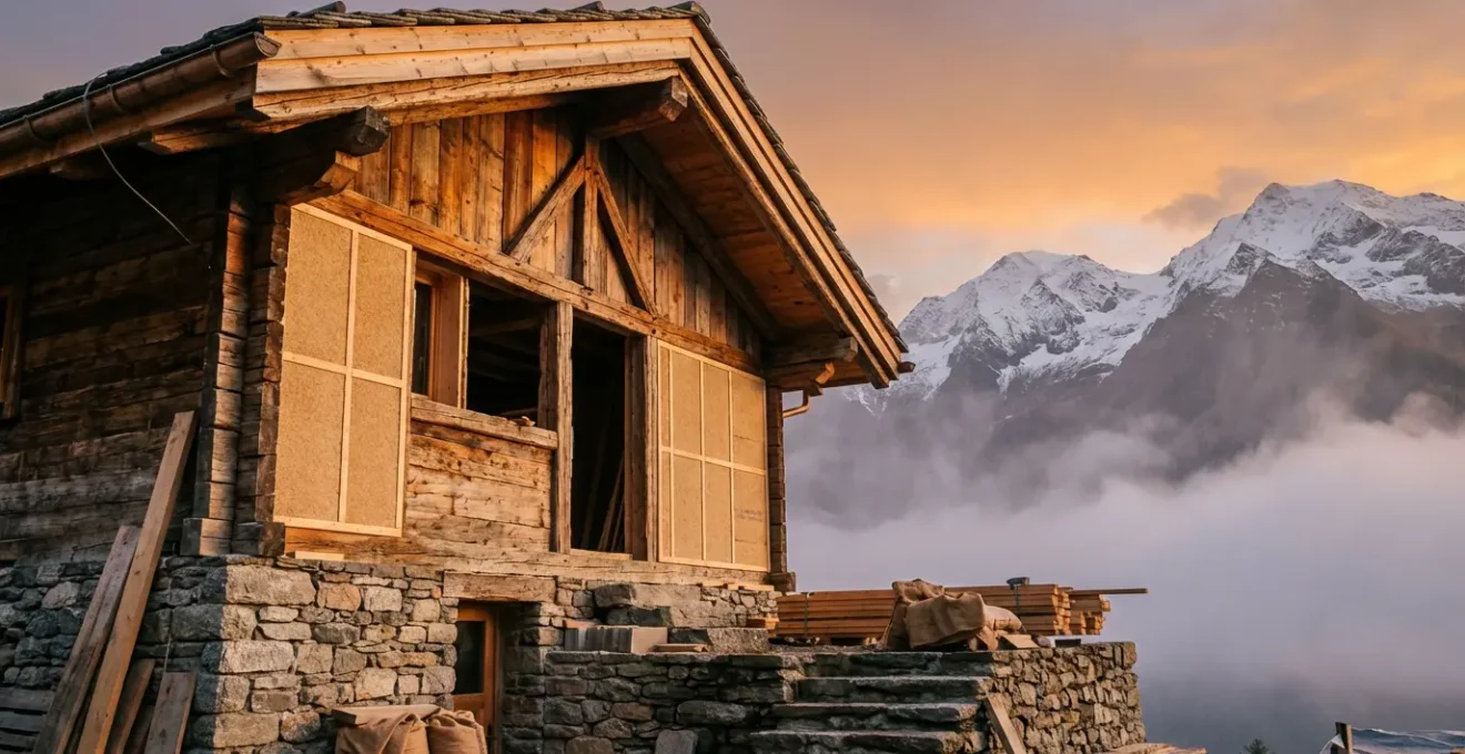 Vue grand angle d'un chalet d'alpage en cours de rénovation avec bois ancien et isolation moderne visible