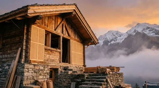 Vue grand angle d'un chalet d'alpage en cours de rénovation avec bois ancien et isolation moderne visible