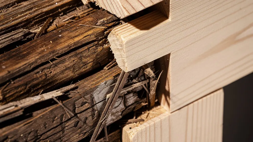 Détail macro de jonction entre bois ancien et moderne dans une rénovation