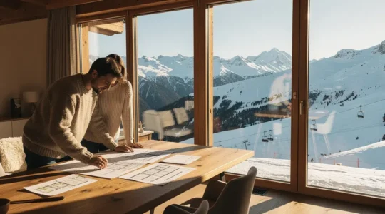 Skieurs consultant une tablette numérique dans un chalet avec vue sur les pistes enneigées