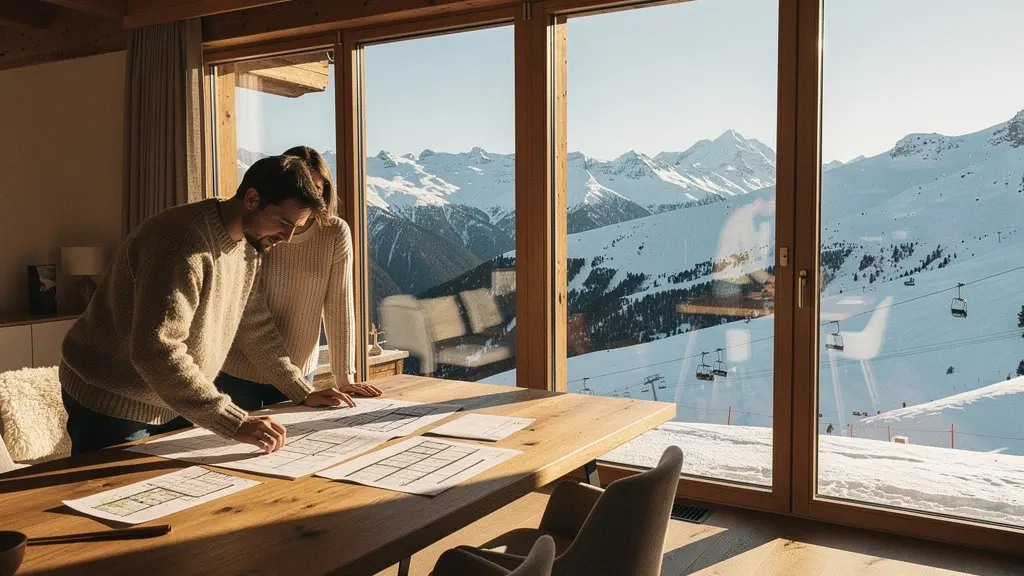 Skieurs consultant une tablette numérique dans un chalet avec vue sur les pistes enneigées