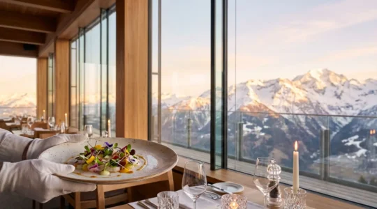 Service d'un plat gastronomique dans un restaurant étoilé avec vue panoramique sur les sommets enneigés