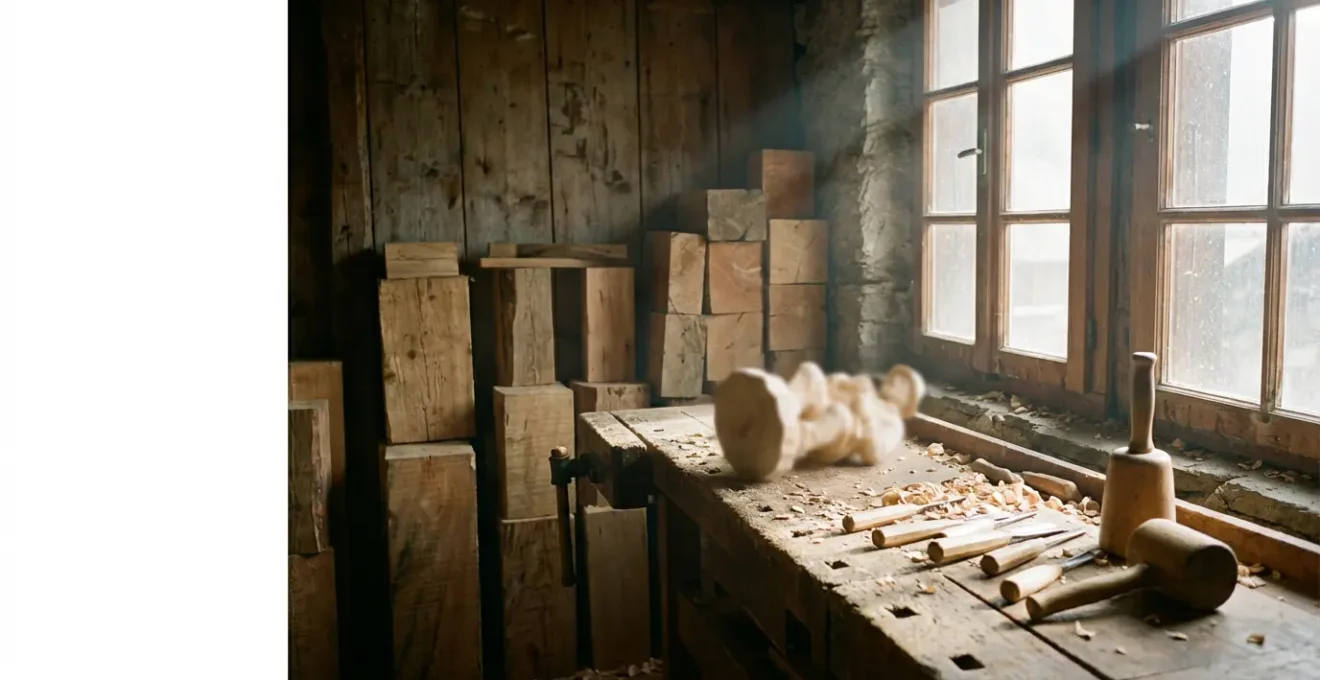 Atelier de sculpteur sur bois savoyard avec outils traditionnels et copeaux de bois