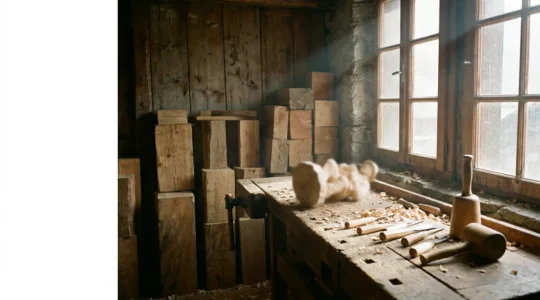 Atelier de sculpteur sur bois savoyard avec outils traditionnels et copeaux de bois