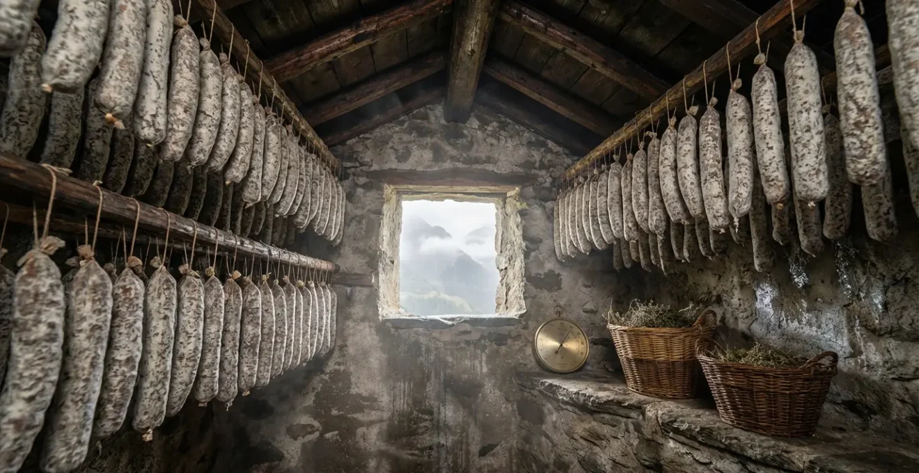 Cave de séchage traditionnelle en altitude avec saucissons suspendus développant leur fleur naturelle