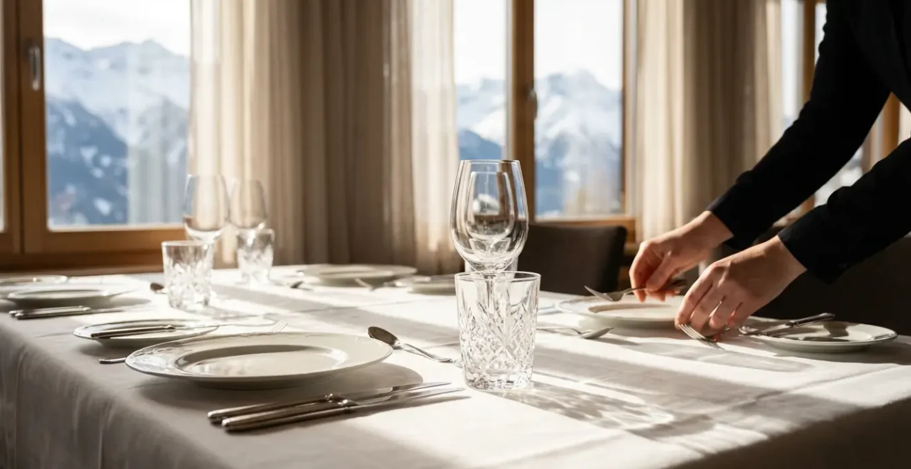 Table dressée pour le déjeuner dans un restaurant étoilé de montagne baigné de lumière naturelle