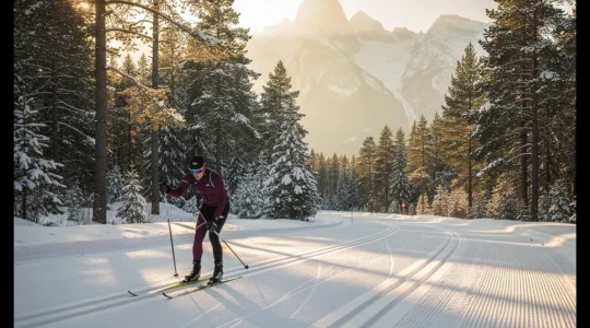 Skieur de fond en skating sur une piste enneigée avec forêt de sapins en arrière-plan