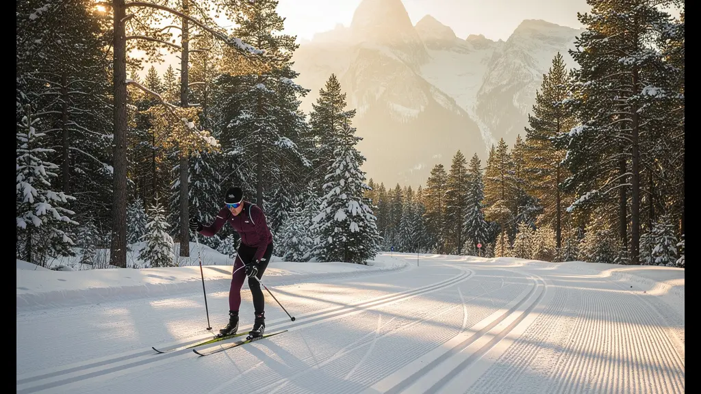 Skieur de fond en skating sur une piste enneigée avec forêt de sapins en arrière-plan